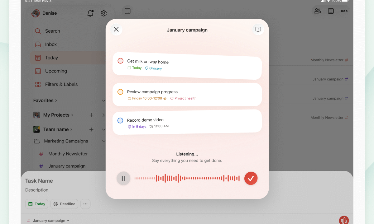 Speak Tasks to Todoist AI Now.